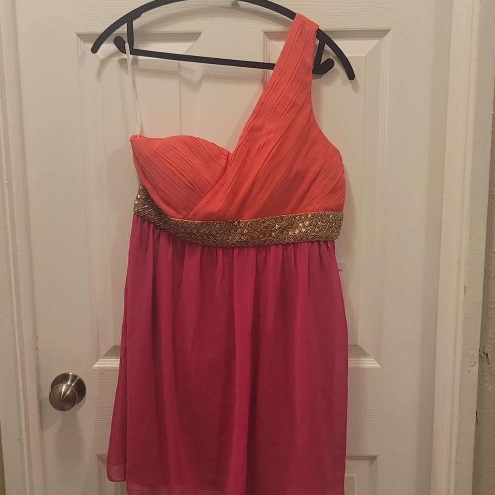 Unique Fun One Shoulder Tangerine And Fuscia Dress NWT Size Lg